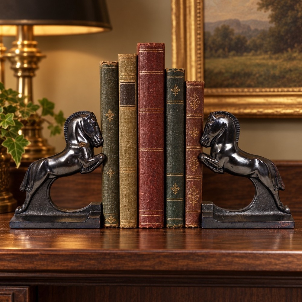 Vintage Dodge Inc Rearing Horse Bookends Pair Black Metal Art Deco Equestrian